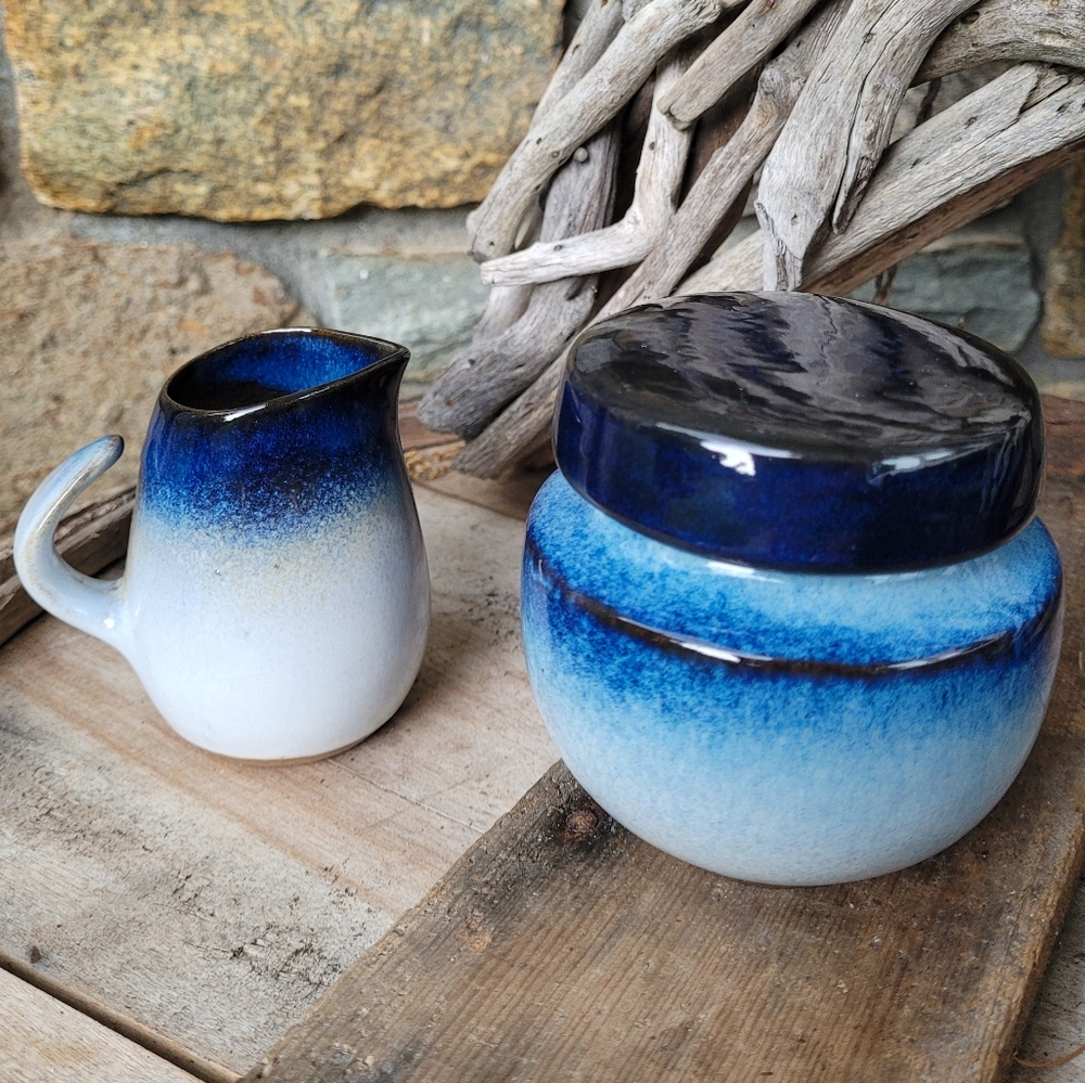 Peter Pots Pottery Sugar and creamer set Seagull blue